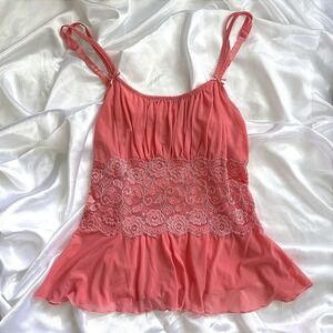 Cabernet Coral Pink Lace Mesh Babydoll Camisole Top Size M Style 4229